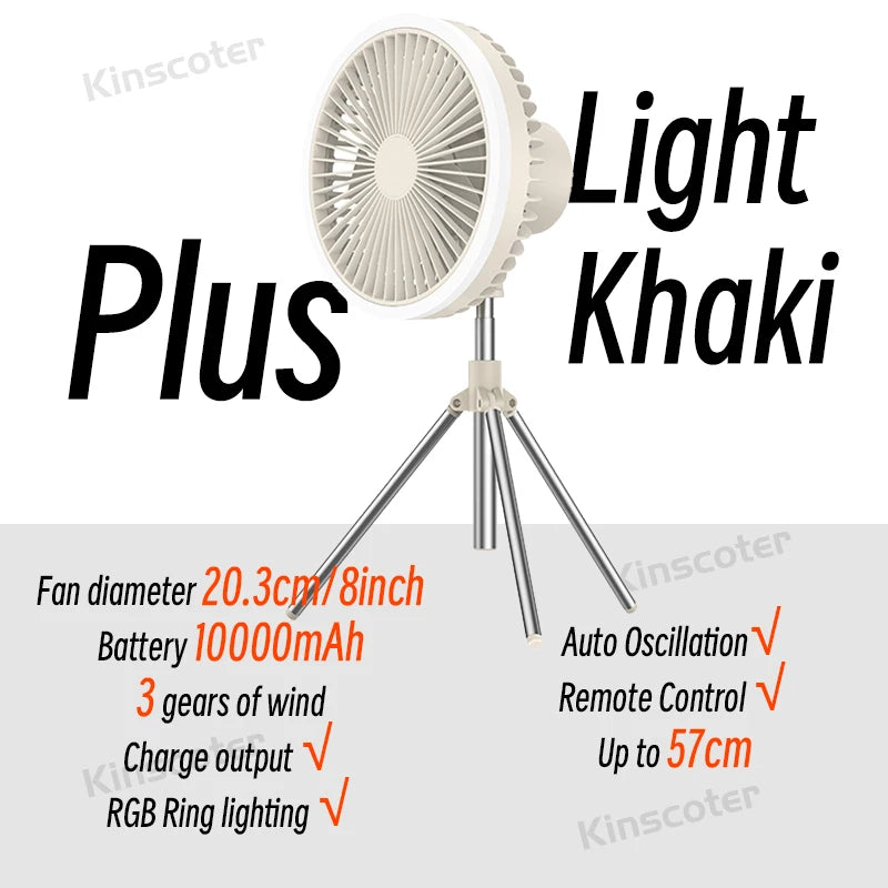 10000mAh Camping Fan Rechargeable Desktop Portable Circulator Wireless Ceiling Electric Fan with Power Bank LED Lighting Tripod