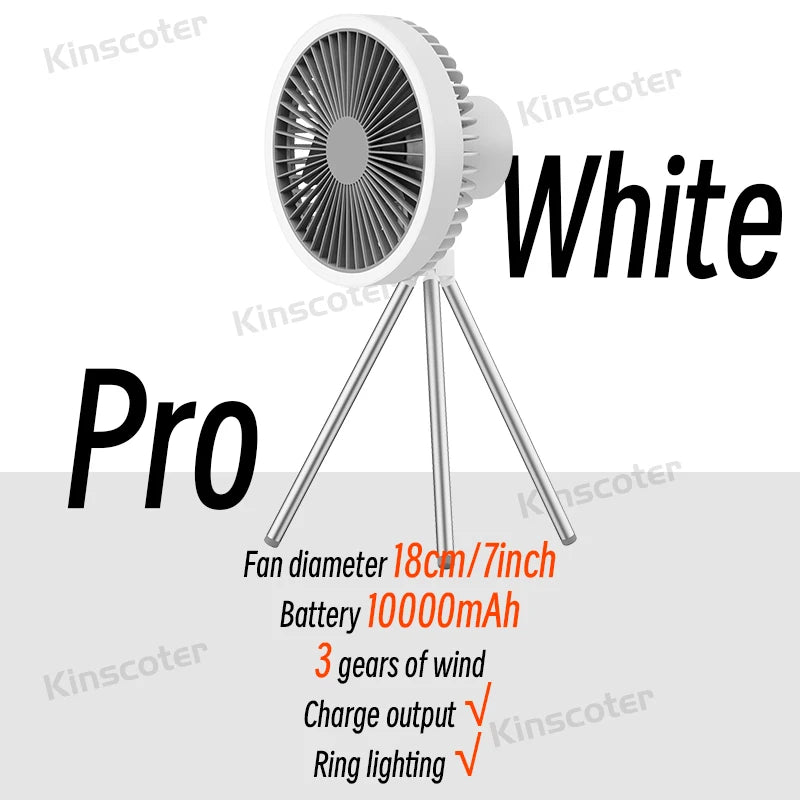 10000mAh Camping Fan Rechargeable Desktop Portable Circulator Wireless Ceiling Electric Fan with Power Bank LED Lighting Tripod