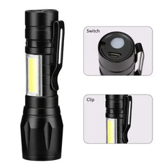 Mini Rechargeable LED Flashlight COB+XPE Portable Torch Camping Lantern Zoomable Focus Light Tactical Flashlight with Pen Clip