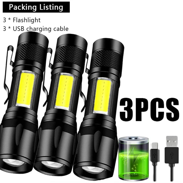 Mini Rechargeable LED Flashlight COB+XPE Portable Torch Camping Lantern Zoomable Focus Light Tactical Flashlight with Pen Clip